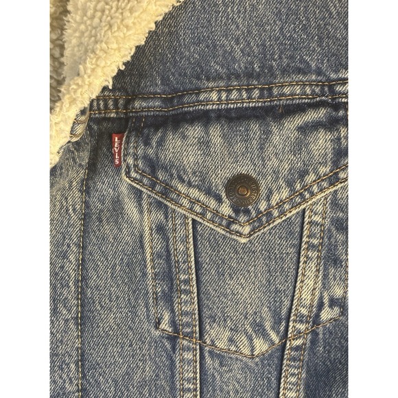 Levis Jacket Mens Small Trucker Jacket Sherpa Faux Fur Light Wash Denim - Picture 4 of 5